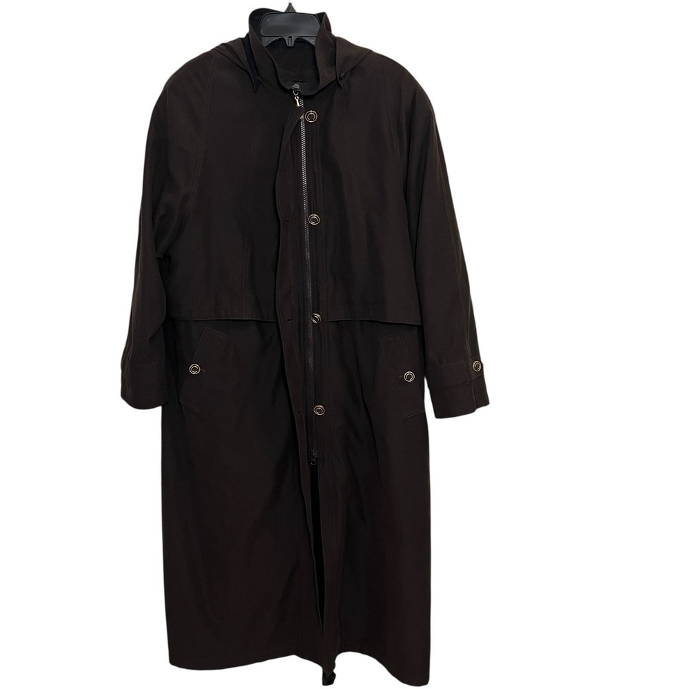 VTG Valerie Stevens Womens Long Hooded Trench Coat Brown Button Zip Size 12P - Picture 8 of 13